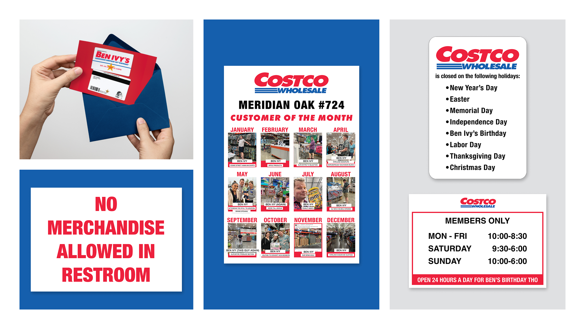 Costco Ben Party invite, hours signage, and Customer of the Month featuring Ben